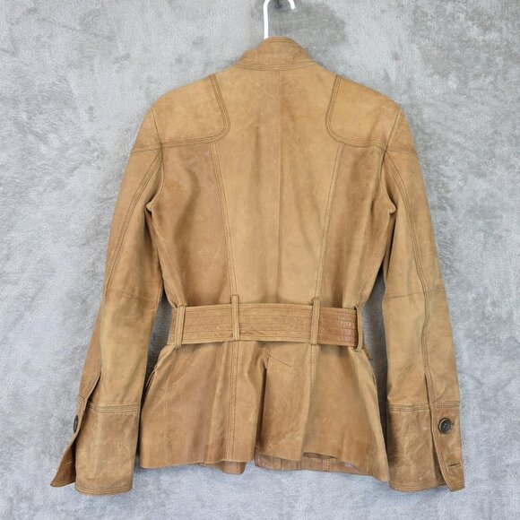 Zara Basic Jacket Womens Small Brown Leather Belted Safari Military Snap Pockets - Picture 2 of 13